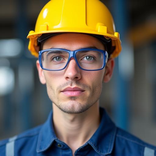 安全ヘルメットと保護メガネを着用した技術者。