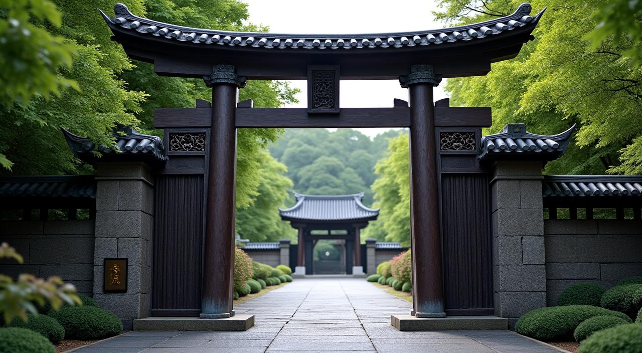 完成した、日本の伝統的なデザインを持つ巨大な鉄製の門。