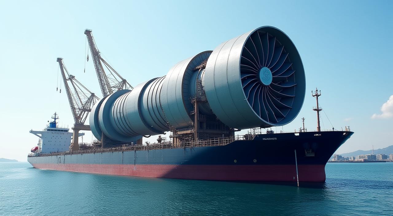 大型船に積載される巨大なプラント用タービン。